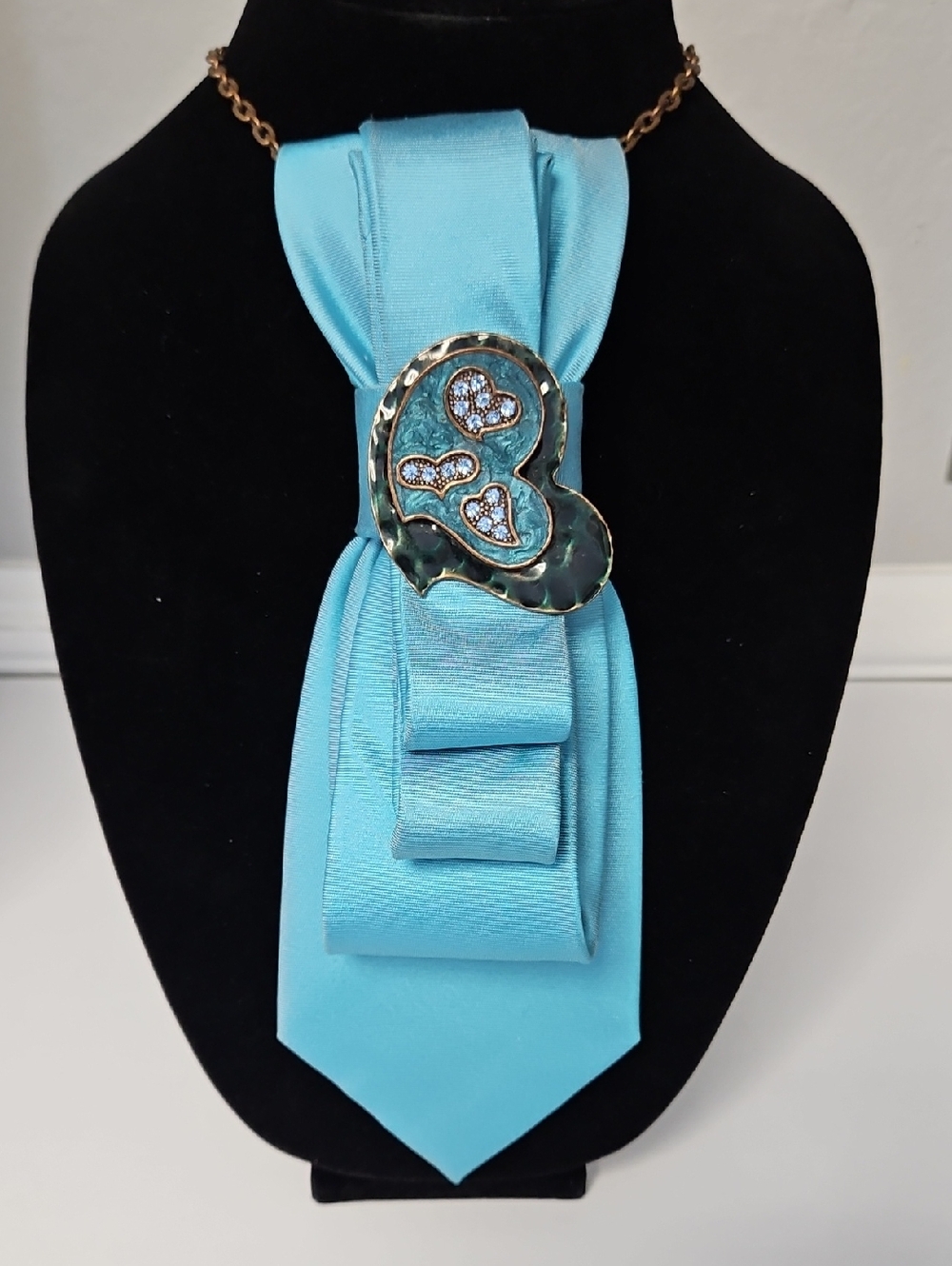 Turquoise Blue Necktie Necklace with Heart Pendant